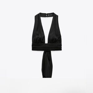 Zara Satin Black Halter Top Sz S NWT